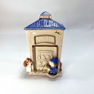Vintage Fire Station Bank Little Boy & Puppy Japan KIC Bottom Plug 6 1/2" x 4"